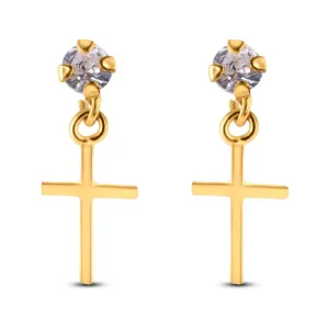 14E00350. - 14 Karat Yellow Dangling Cross Clear CZ Screw Back Earrings