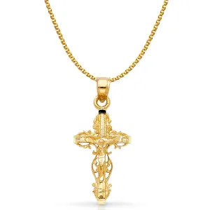 14K Gold Crucifix Charm Pendant with 1.7mm Flat Open Wheat Chain Necklace