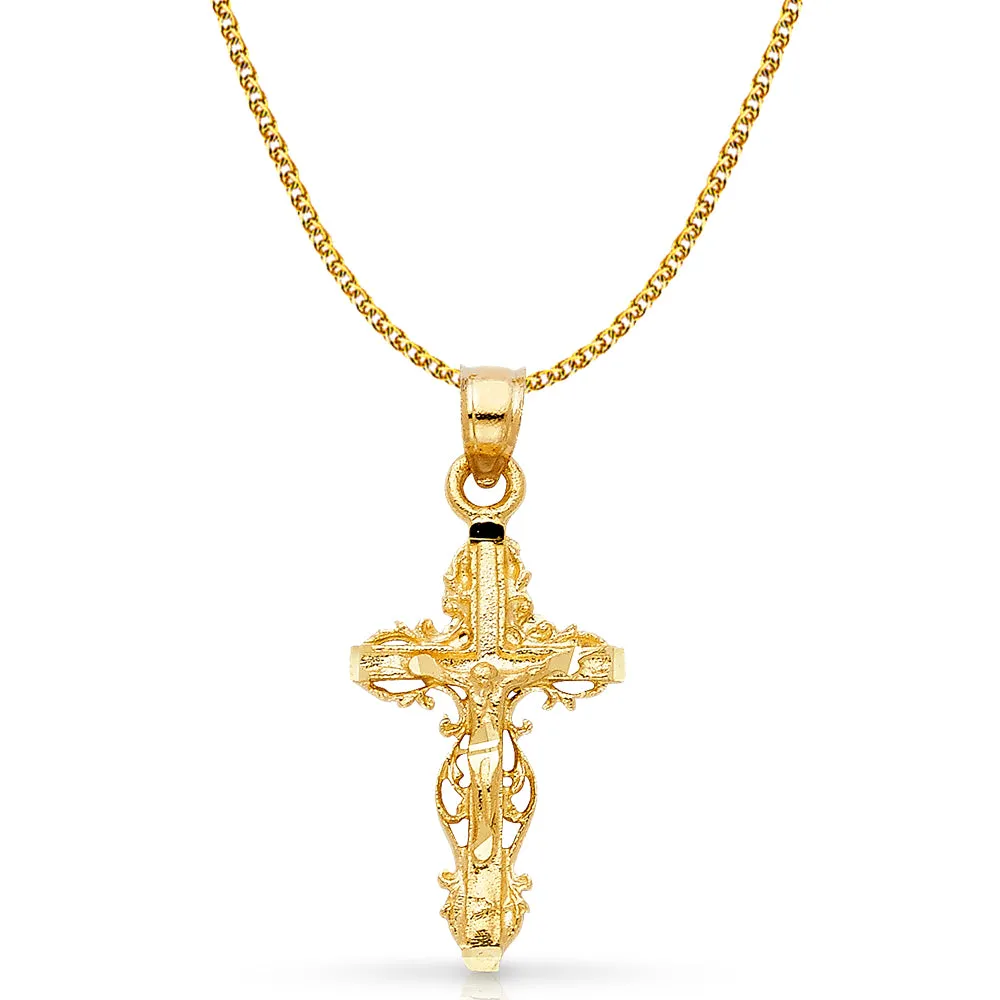 14K Gold Crucifix Charm Pendant with 1.7mm Flat Open Wheat Chain Necklace