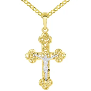 14k Two Tone Gold Textured Filigree Eastern Orthodox Cross 3D Jesus Crucifix Pendant with Cuban Necklace