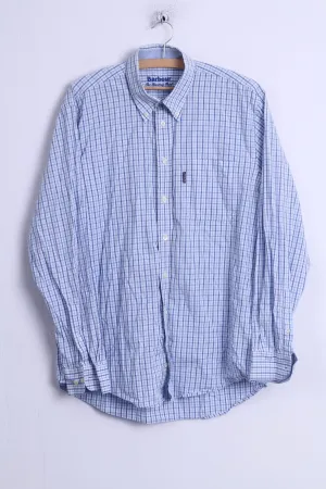 Barbour Mens L Casual Shirt Blue Cotton Long Sleeve Checkered Button Down Collar