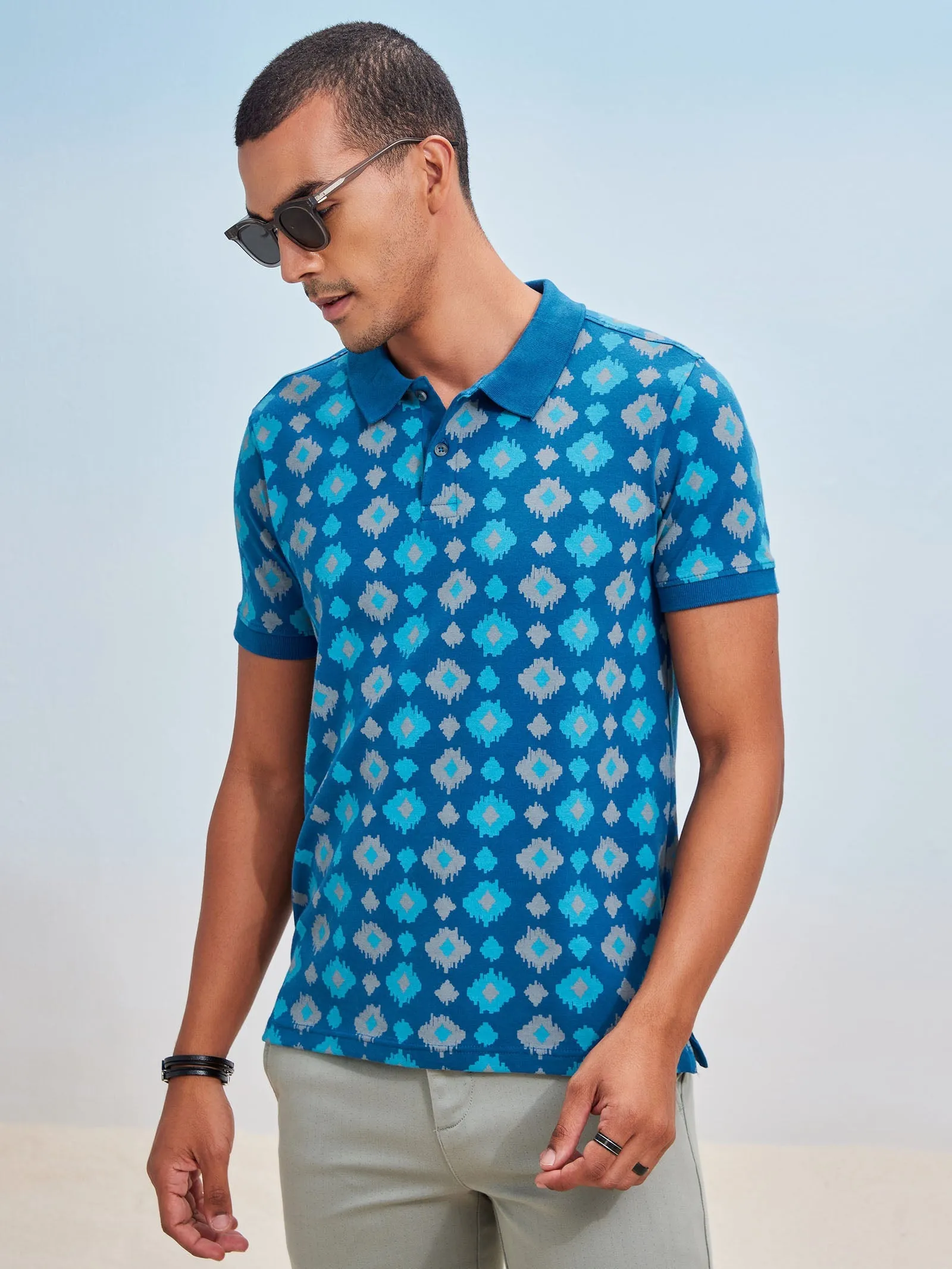 Blue Printed Stretch Polo T-Shirt