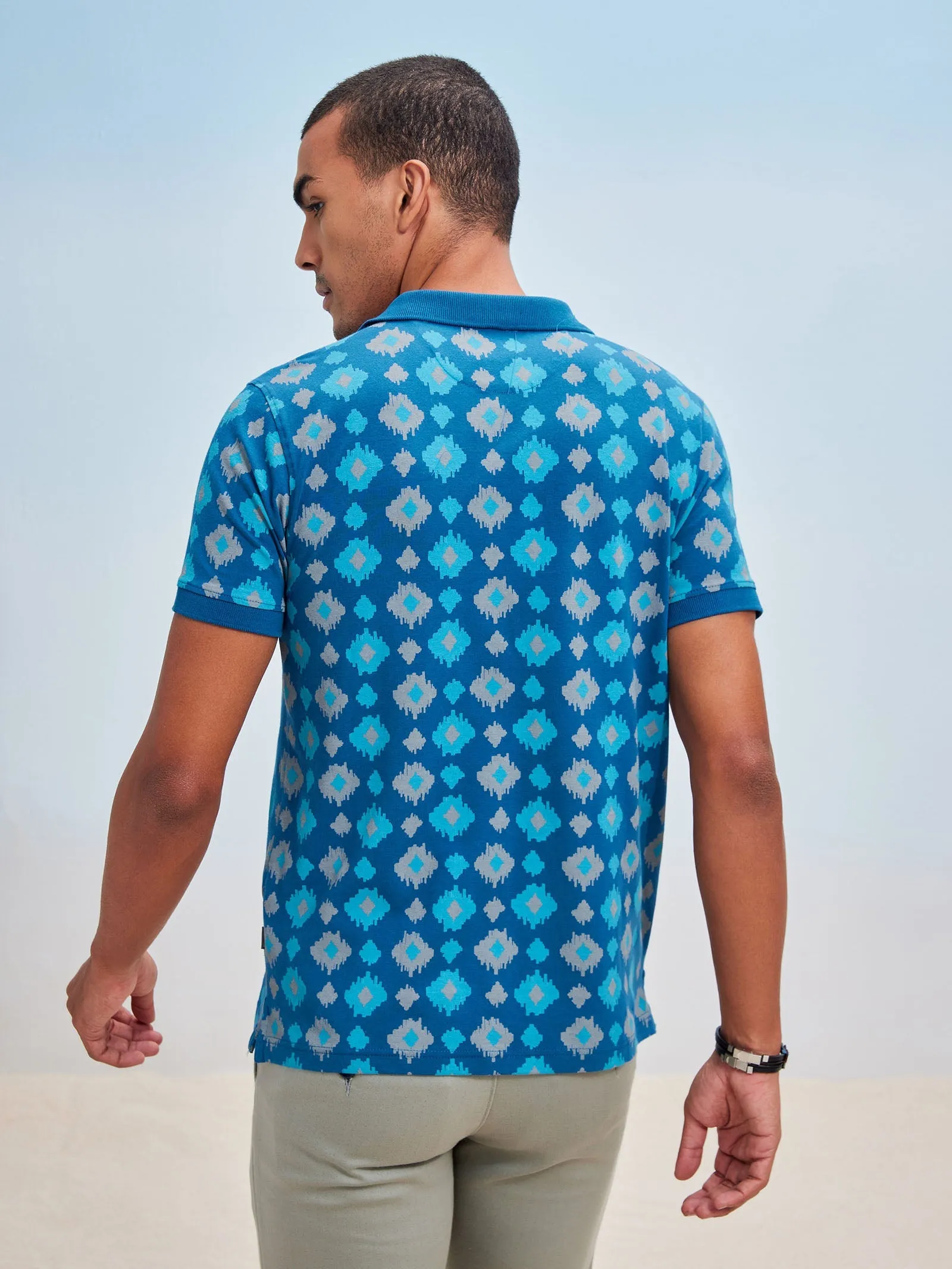 Blue Printed Stretch Polo T-Shirt