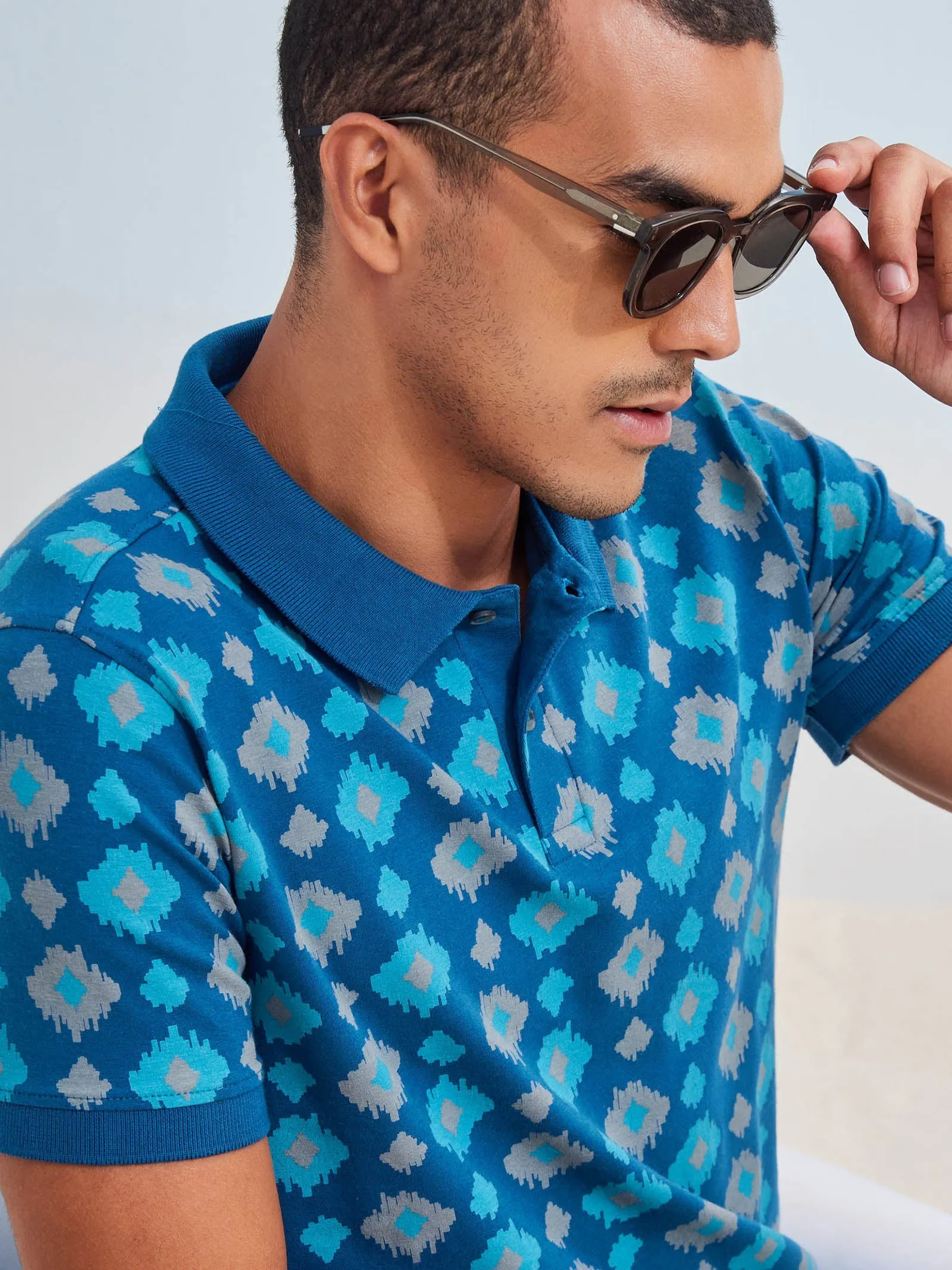 Blue Printed Stretch Polo T-Shirt