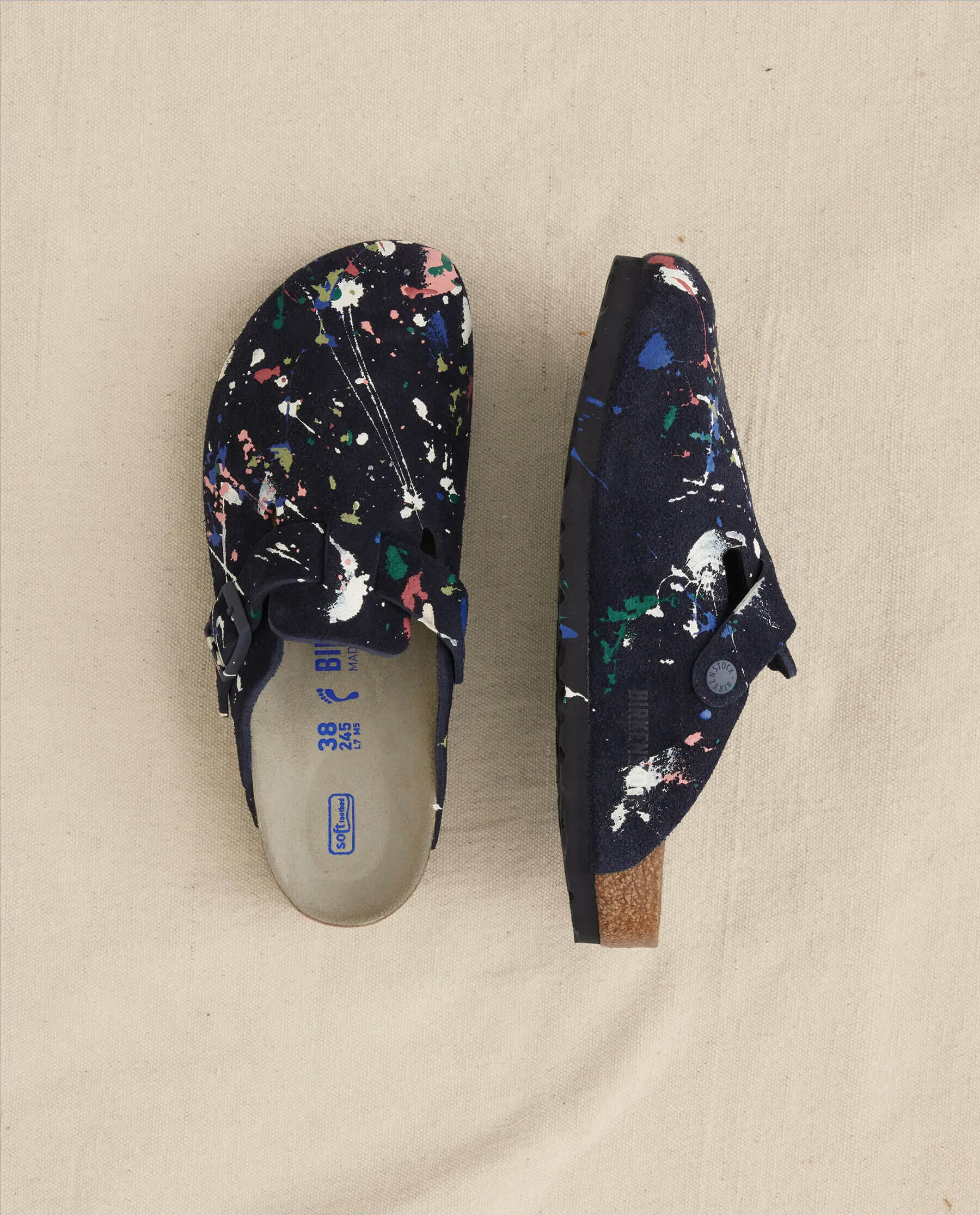 Boston Midnight Birkenstock with Paint. -- Midnight Blue with Bright Multi Paint