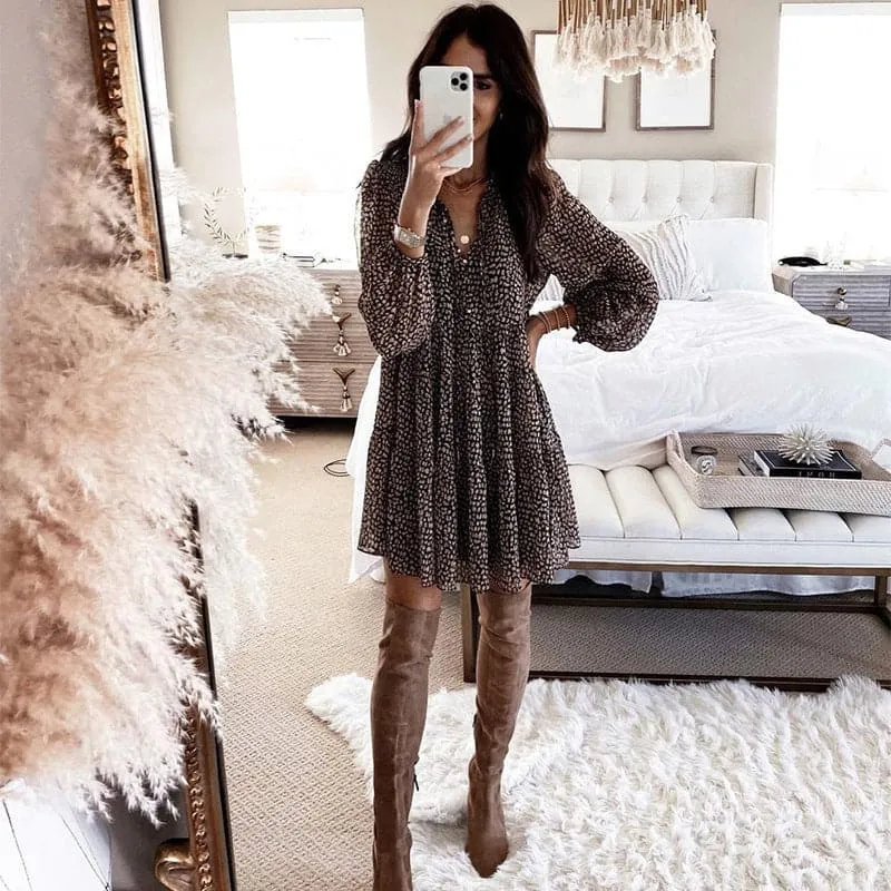 Casual V-neck Long Sleeve Button Mini Dress