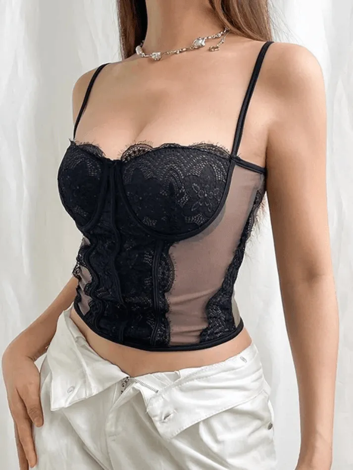 Lace Paneled Mesh Corset Top