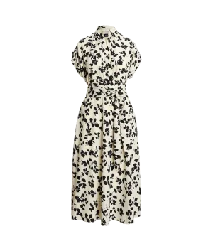 Leaf-print Belted Crepe Dress - Cream