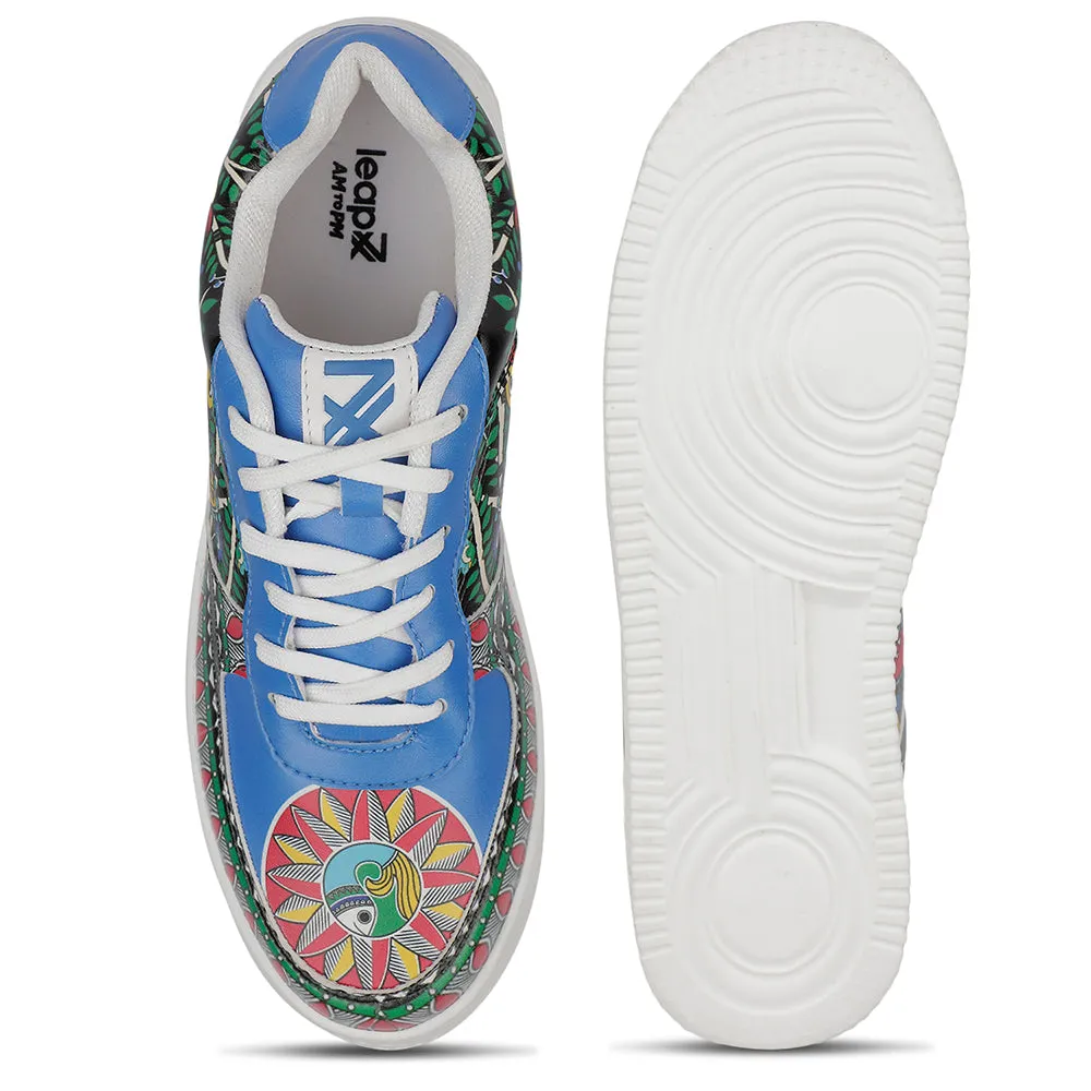 Leap7x Lacing White Madhubani Art Printed Casual Sneakers For Men MJH-M05 By Liberty