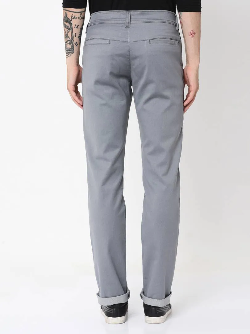 Men's Grey Cotton Blend Solid Slim Fit Casual Trouser