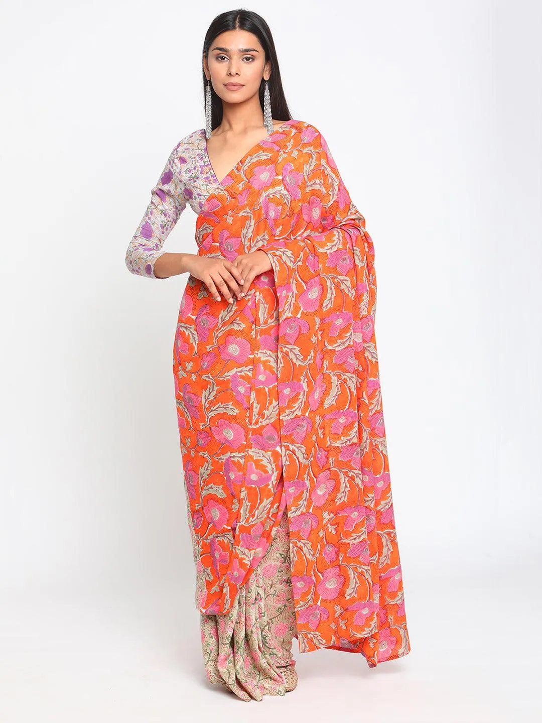 Orange Green Hand Block Printed Ready Pleated Silk Saree