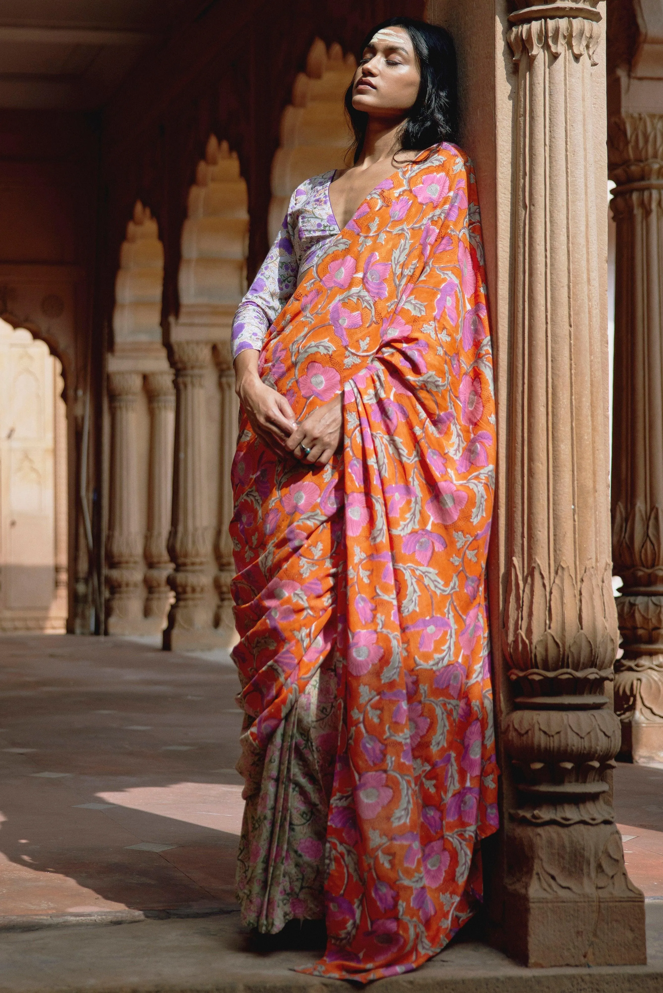 Orange Green Hand Block Printed Ready Pleated Silk Saree