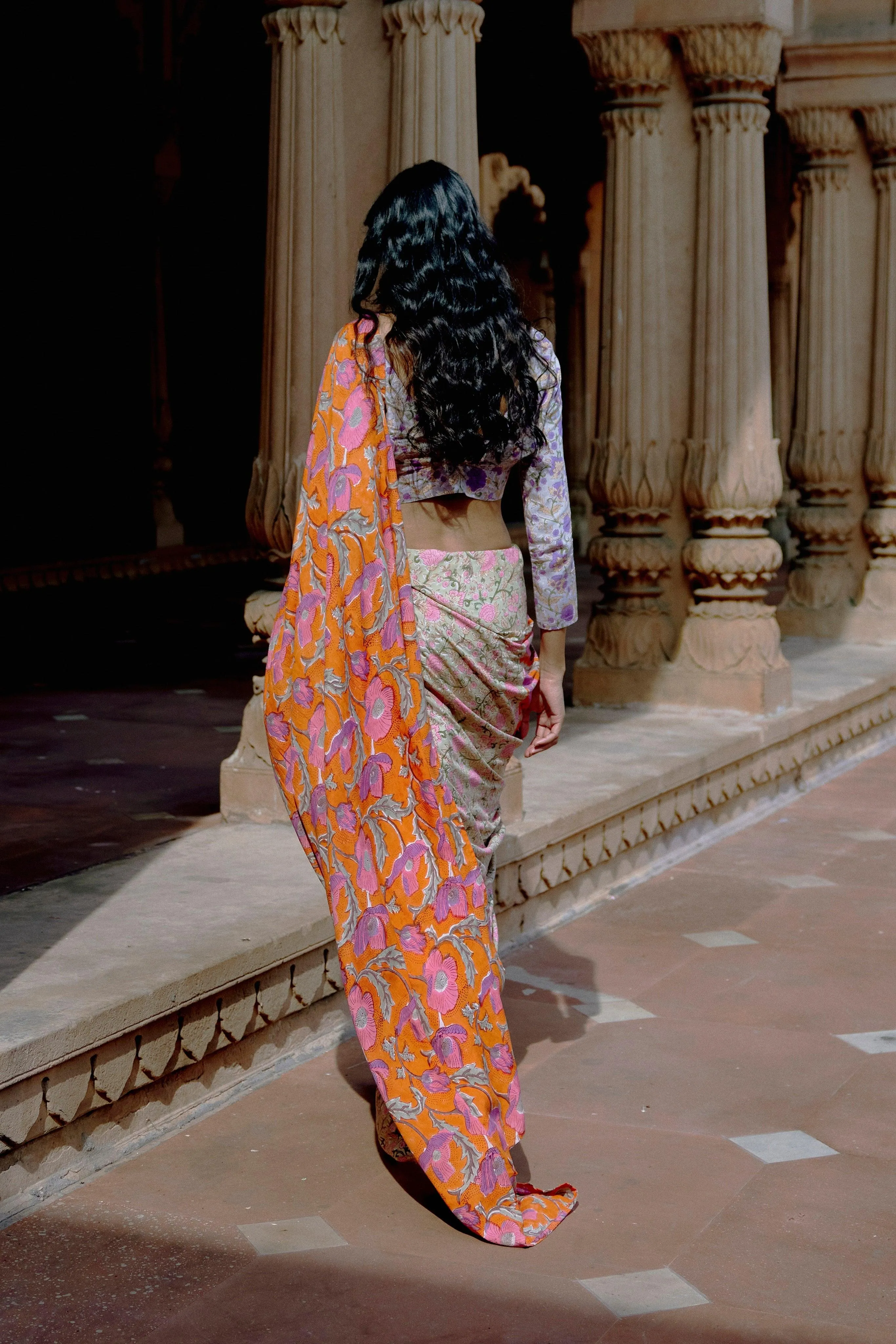 Orange Green Hand Block Printed Ready Pleated Silk Saree