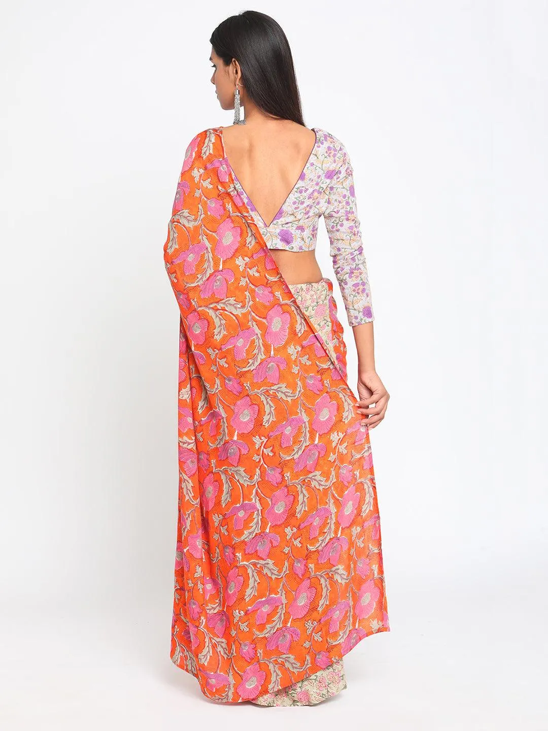 Orange Green Hand Block Printed Ready Pleated Silk Saree