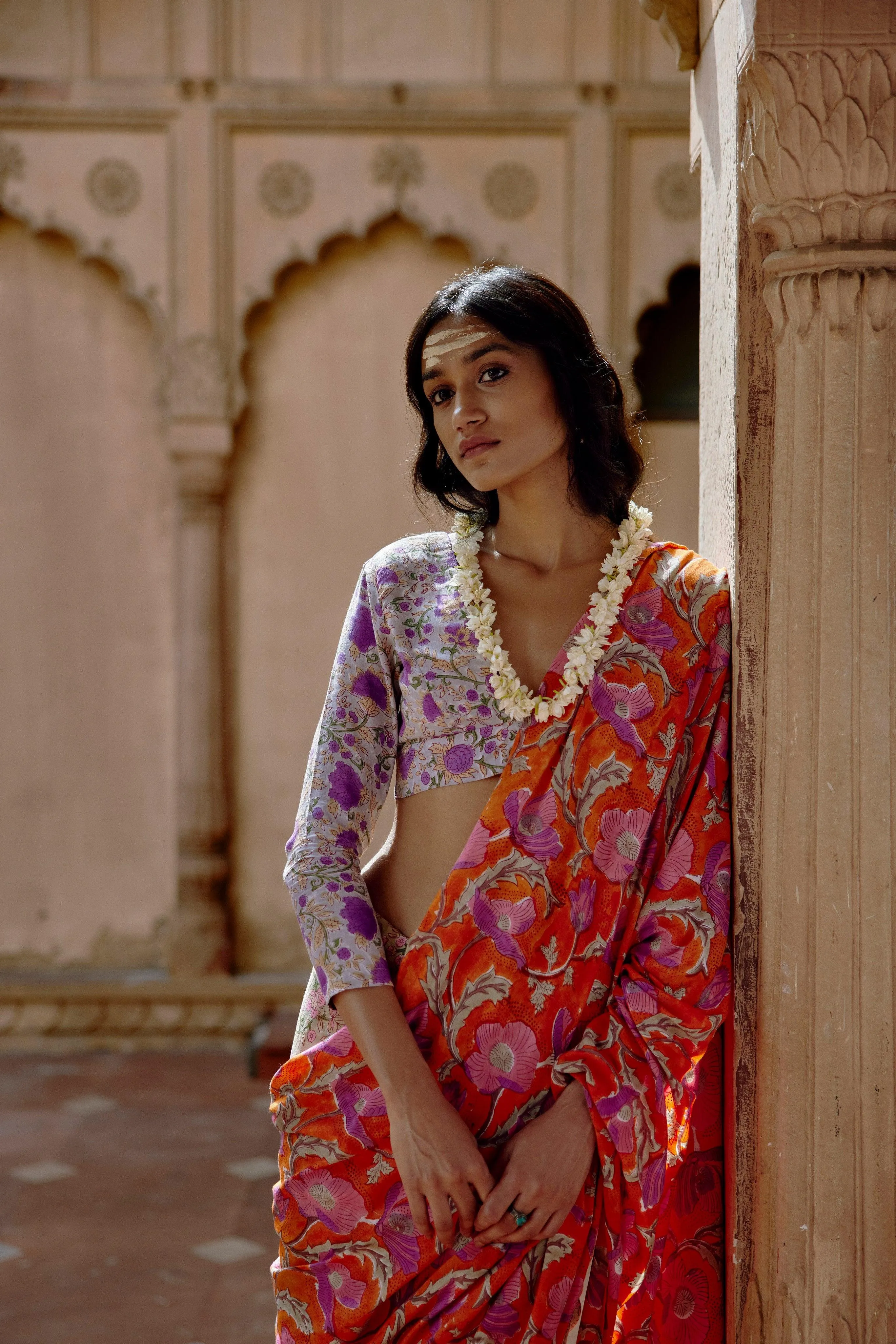 Orange Green Hand Block Printed Ready Pleated Silk Saree