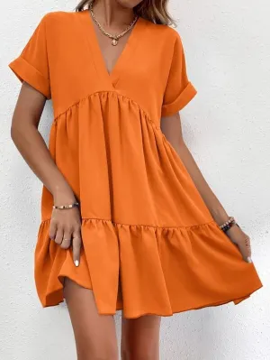 Short-sleeved V-neck Dress Casual Ruffled Dresses Solid Color